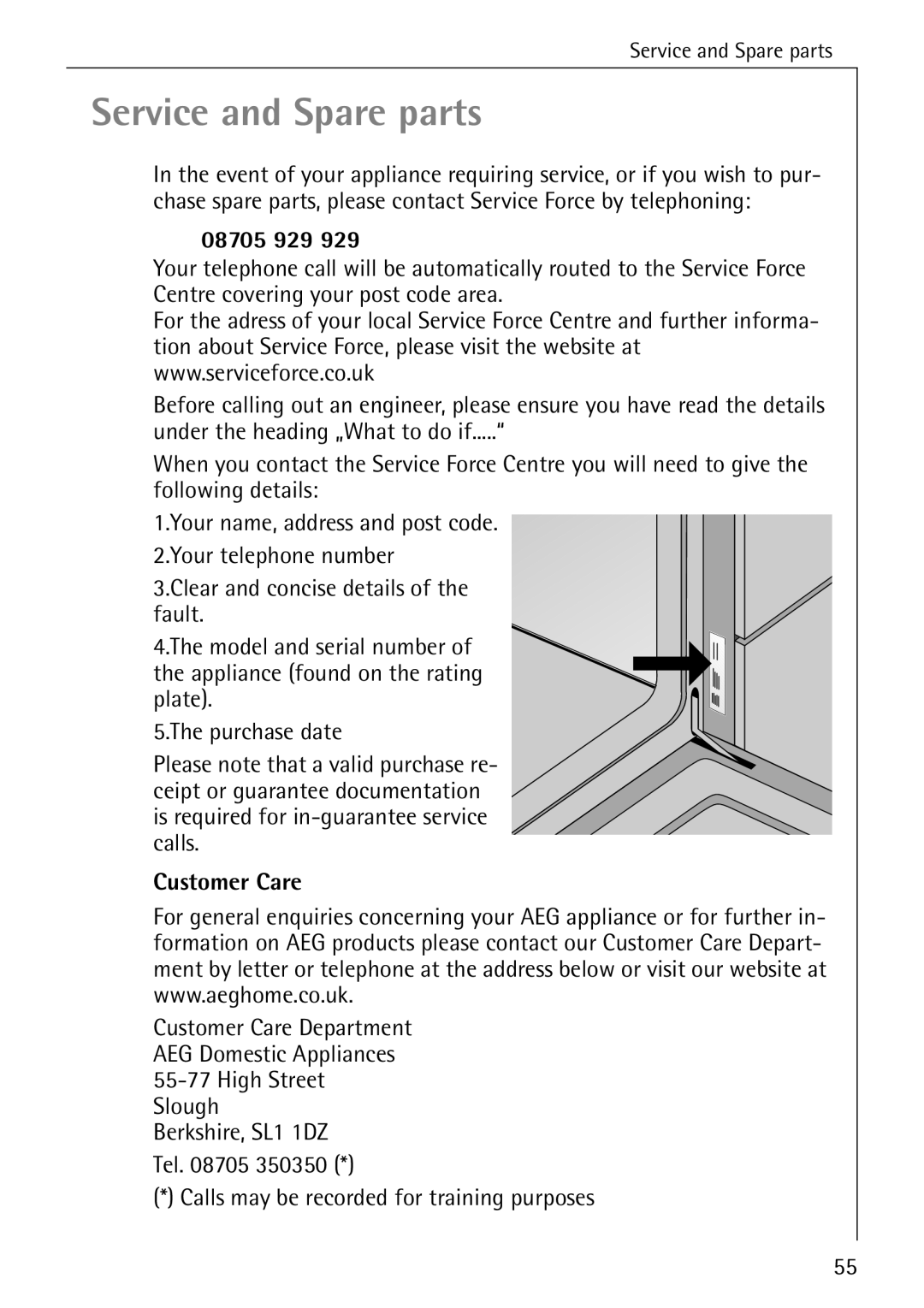 Electrolux B1180-1 manual 08705 929, Customer Care, Calls may be recorded for training purposes 