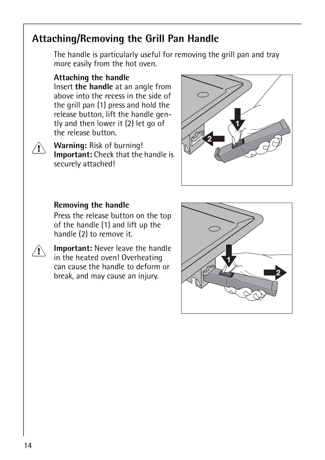 Electrolux B1180-4 manual Attaching/Removing the Grill Pan Handle, Attaching the handle, Removing the handle 