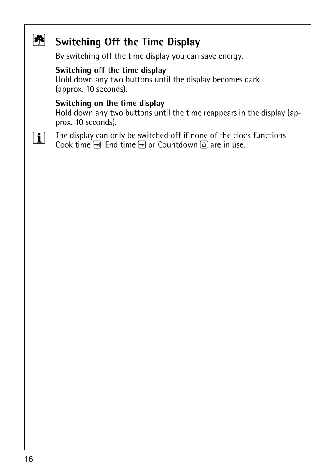 Electrolux B1180-4 manual Switching Off the Time Display, By switching off the time display you can save energy 