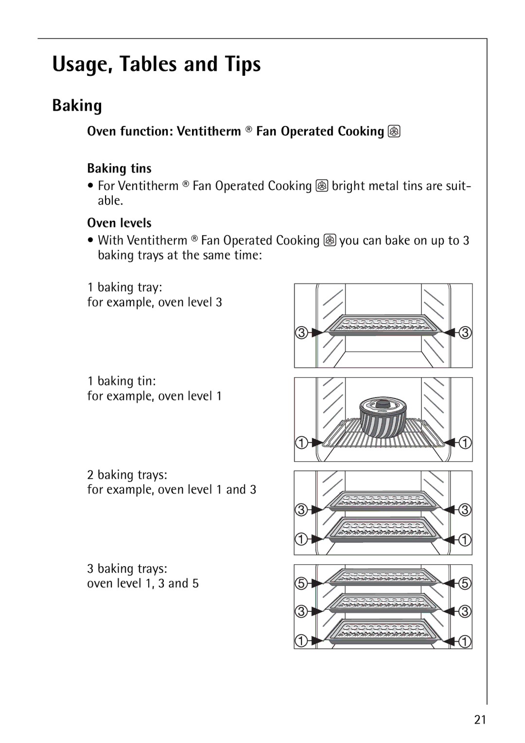 Electrolux B1180-4 Usage, Tables and Tips, Oven function Ventitherm Fan Operated Cooking Baking tins, Oven levels 