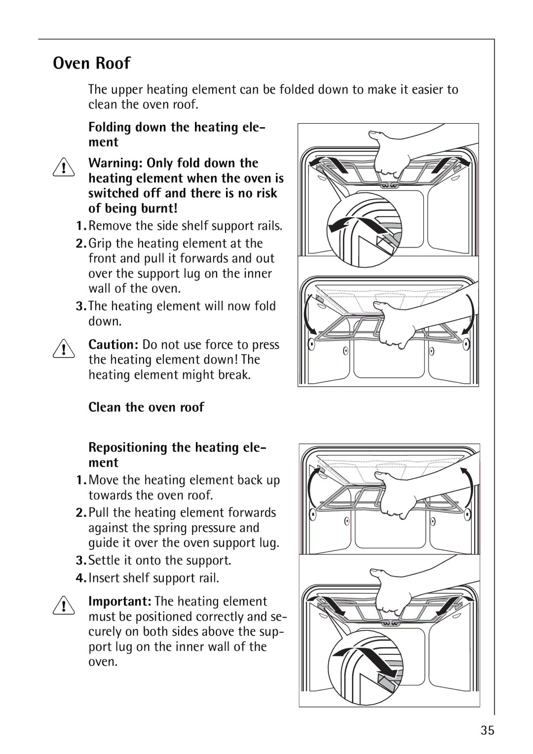 Electrolux B1180-4 Oven Roof, Folding down the heating ele- ment, Clean the oven roof Repositioning the heating ele- ment 