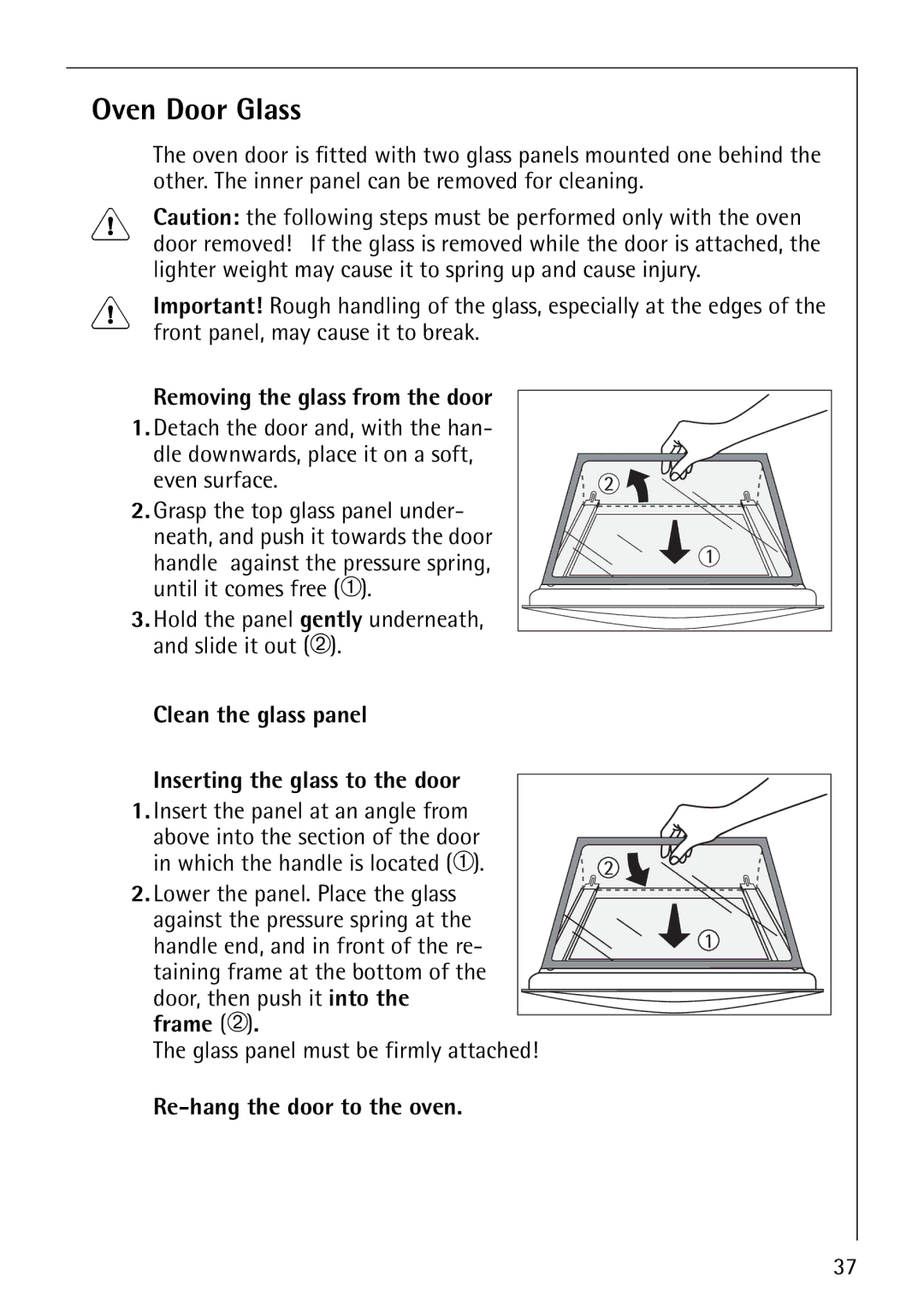 Electrolux B1180-4 manual Oven Door Glass, Removing the glass from the door, Re-hang the door to the oven 