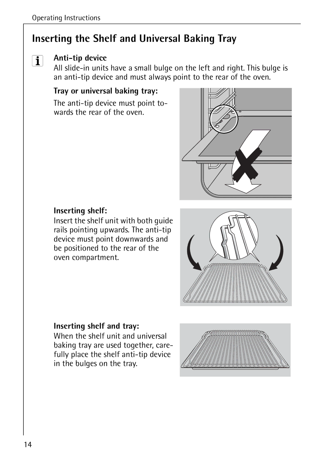 Electrolux B2100-1 manual Inserting the Shelf and Universal Baking Tray, Anti-tip device, Tray or universal baking tray 