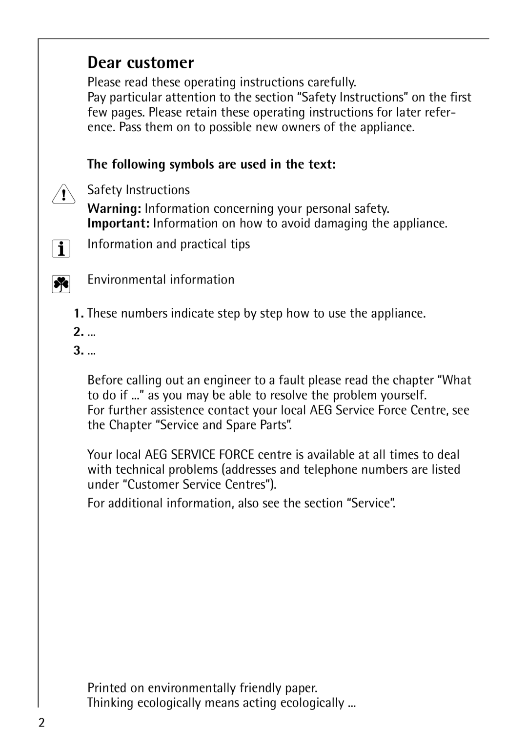 Electrolux B2100-1 manual Dear customer, Please read these operating instructions carefully 