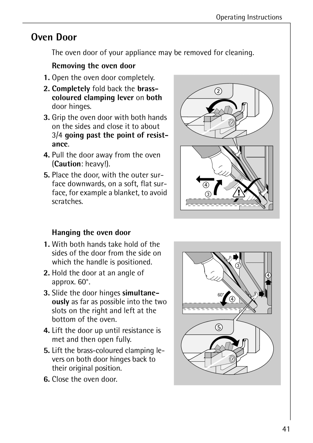 Electrolux B2100-1 manual Oven Door, Removing the oven door, Hanging the oven door 