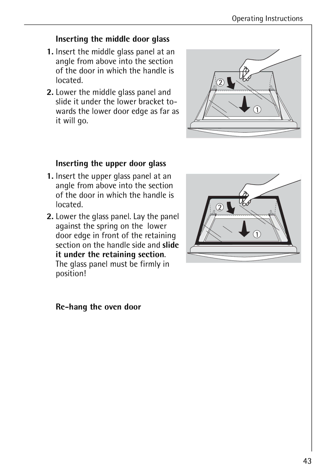 Electrolux B2100-1 manual Inserting the middle door glass, Inserting the upper door glass, Re-hang the oven door 