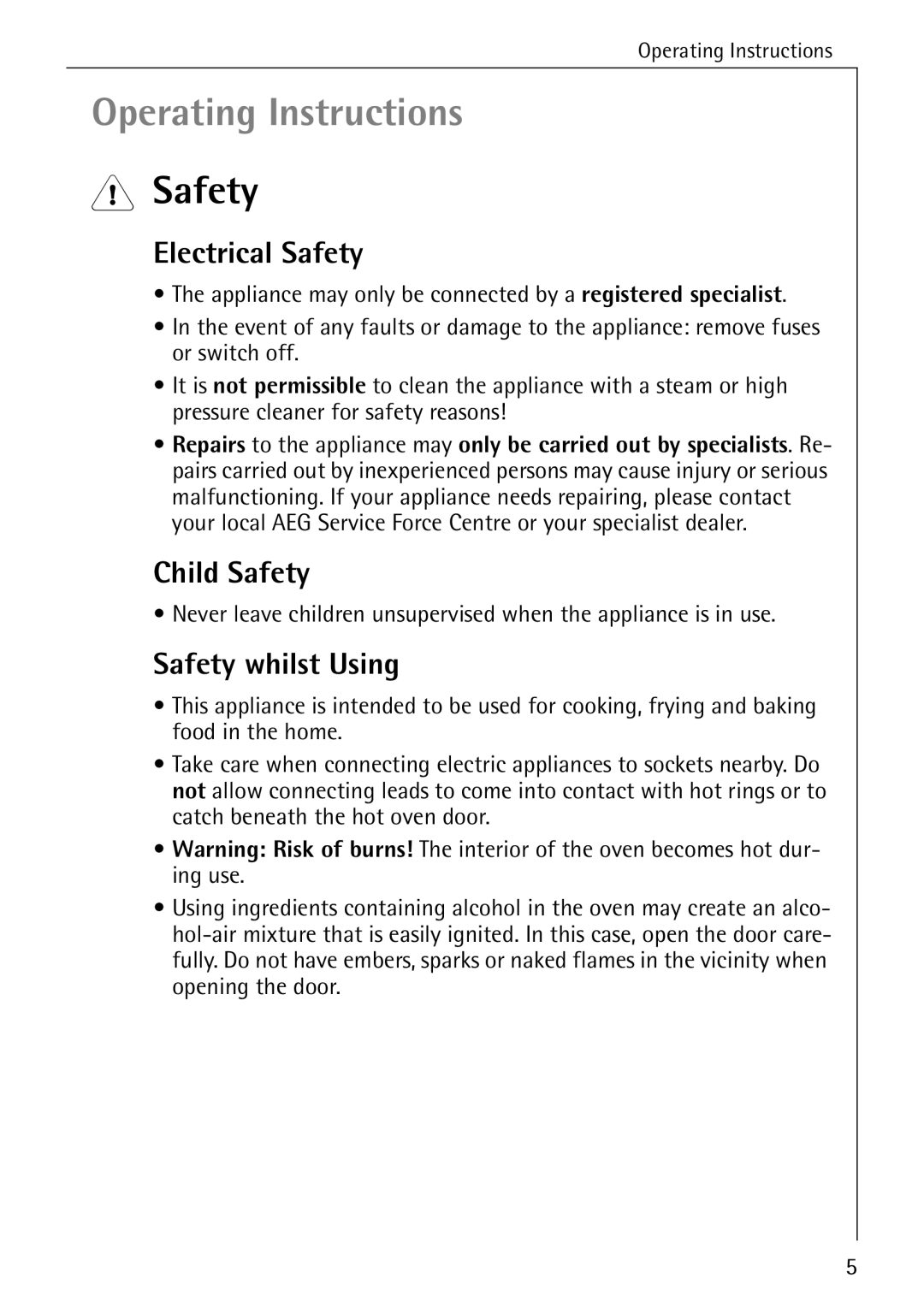 Electrolux B2100-1 manual Electrical Safety, Child Safety, Safety whilst Using 