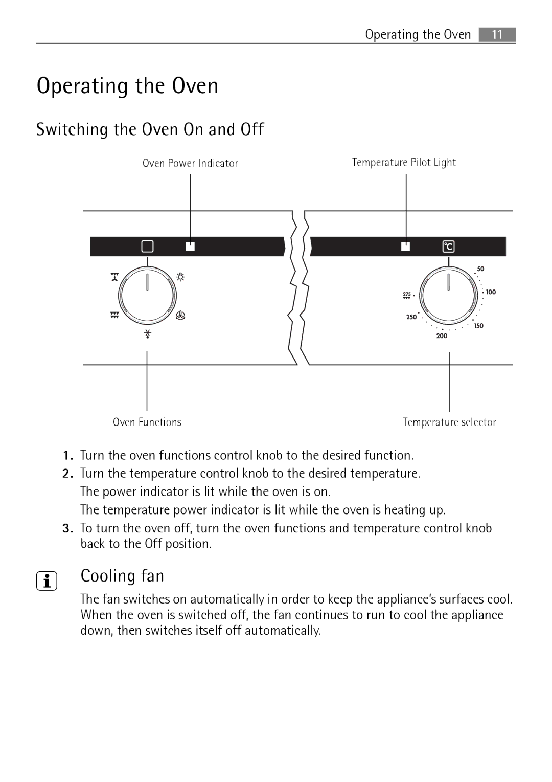 Electrolux B2100-5 user manual Operating the Oven, Switching the Oven On and Off, Cooling fan 