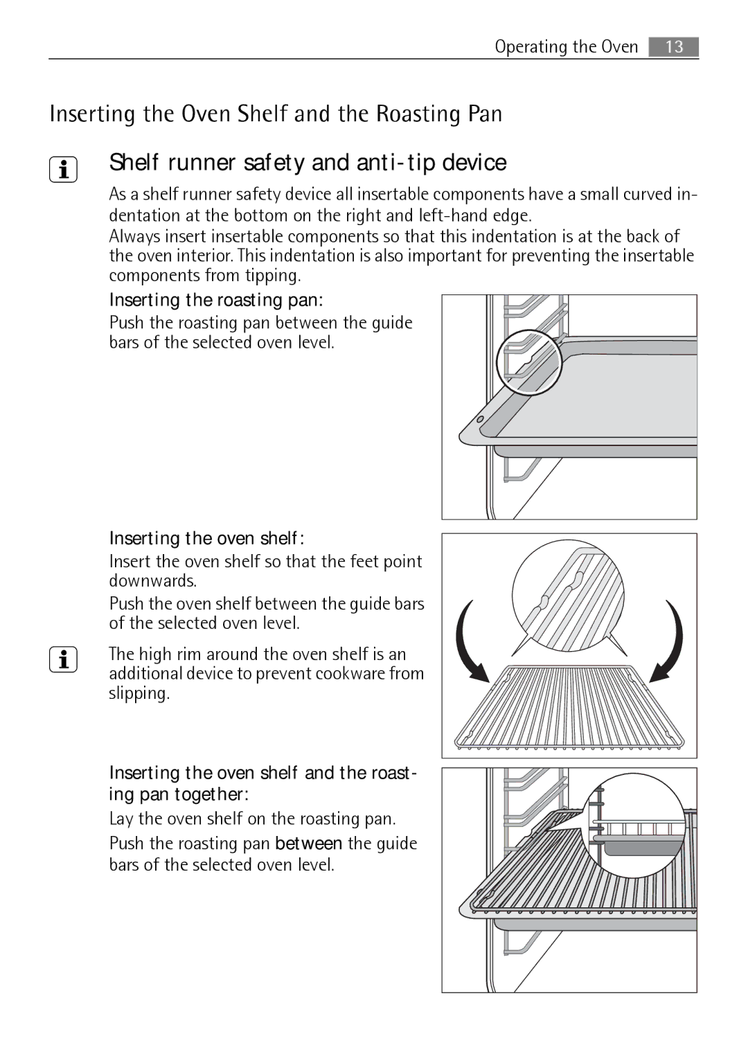 Electrolux B2100-5 Inserting the Oven Shelf and the Roasting Pan, Inserting the roasting pan, Inserting the oven shelf 