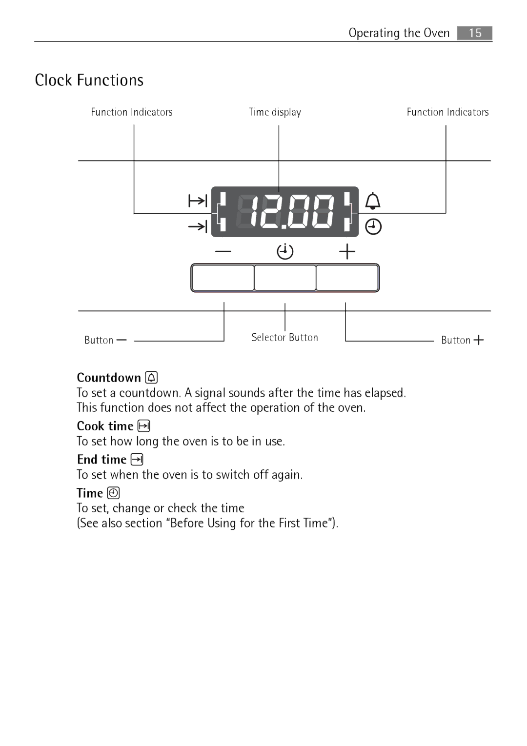 Electrolux B2100-5 user manual Clock Functions, Countdown, Cook time, End time, Time 