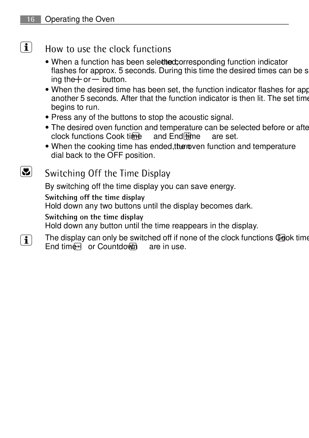 Electrolux B2100-5 How to use the clock functions, Switching Off the Time Display, Switching off the time display 