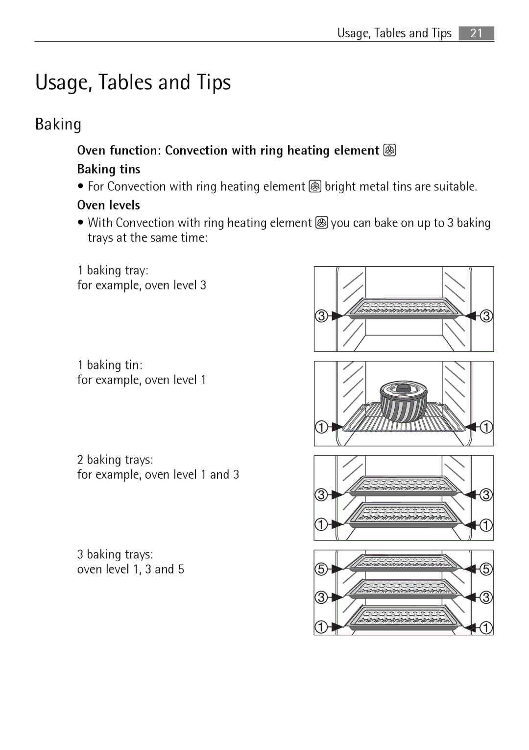 Electrolux B2100-5 user manual Usage, Tables and Tips, Baking, Oven levels 