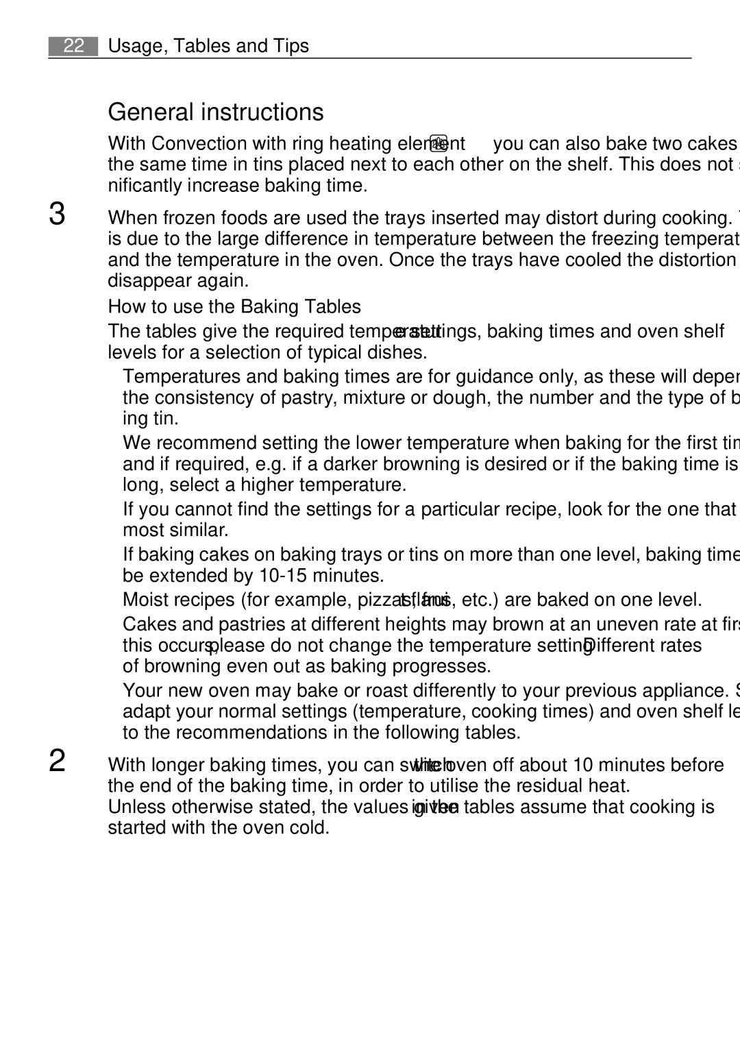 Electrolux B2100-5 user manual General instructions, How to use the Baking Tables 