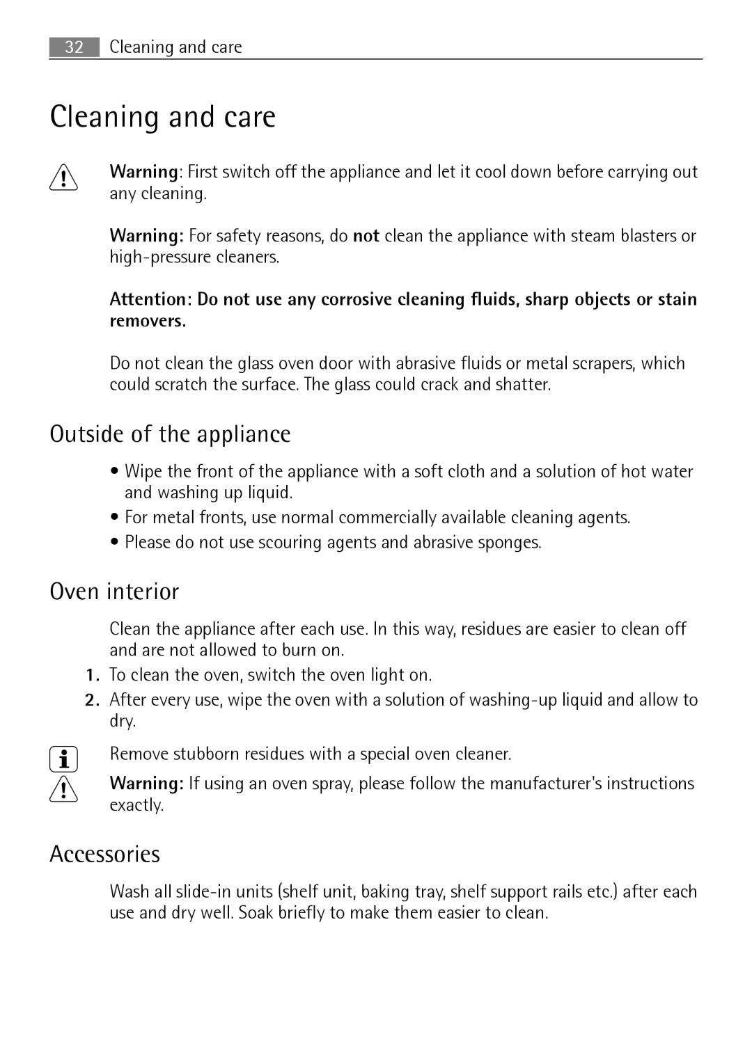 Electrolux B2100-5 user manual Cleaning and care, Outside of the appliance, Oven interior, Accessories 