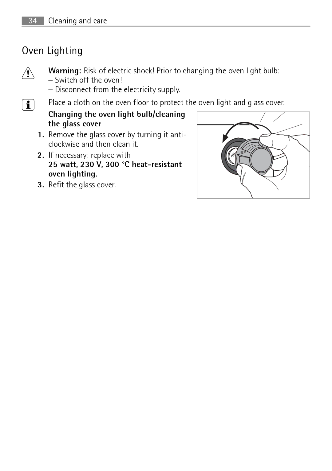 Electrolux B2100-5 user manual Oven Lighting, Changing the oven light bulb/cleaning the glass cover 