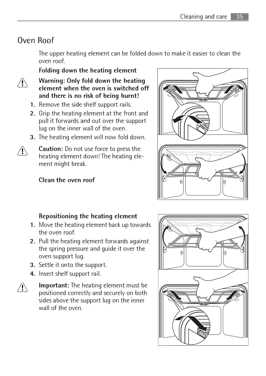 Electrolux B2100-5 Oven Roof, Folding down the heating element, Clean the oven roof Repositioning the heating element 