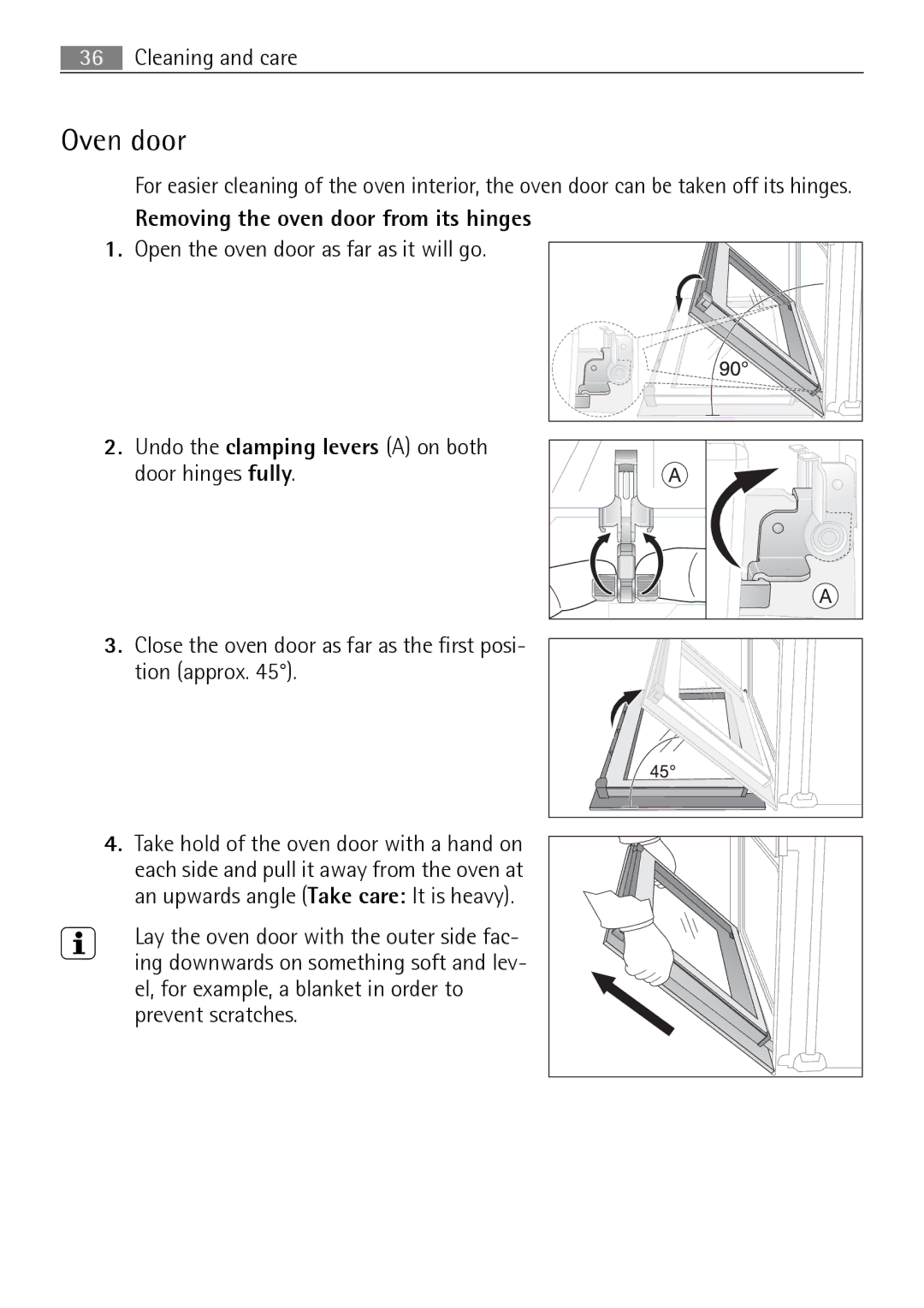 Electrolux B2100-5 Oven door, Removing the oven door from its hinges, Undo the clamping levers a on both door hinges fully 