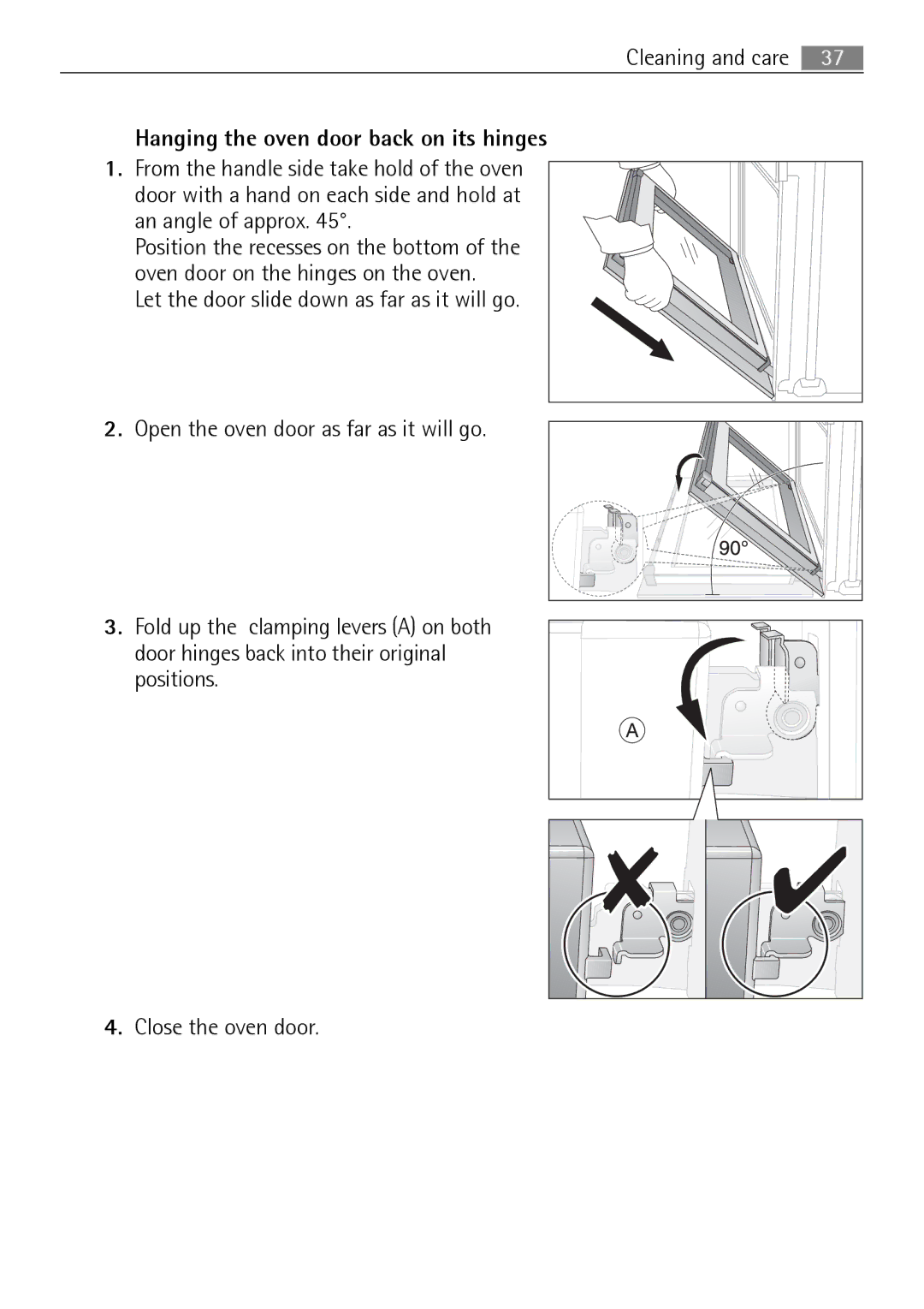 Electrolux B2100-5 user manual Hanging the oven door back on its hinges 