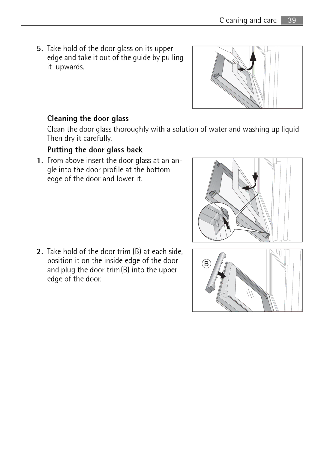 Electrolux B2100-5 user manual Cleaning the door glass, Putting the door glass back 