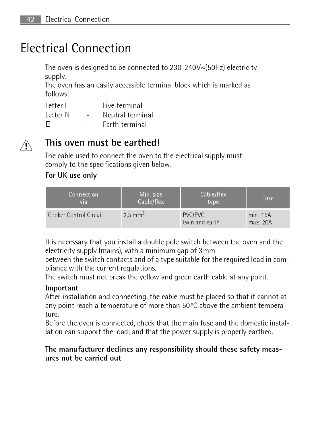 Electrolux B2100-5 user manual Electrical Connection, For UK use only 