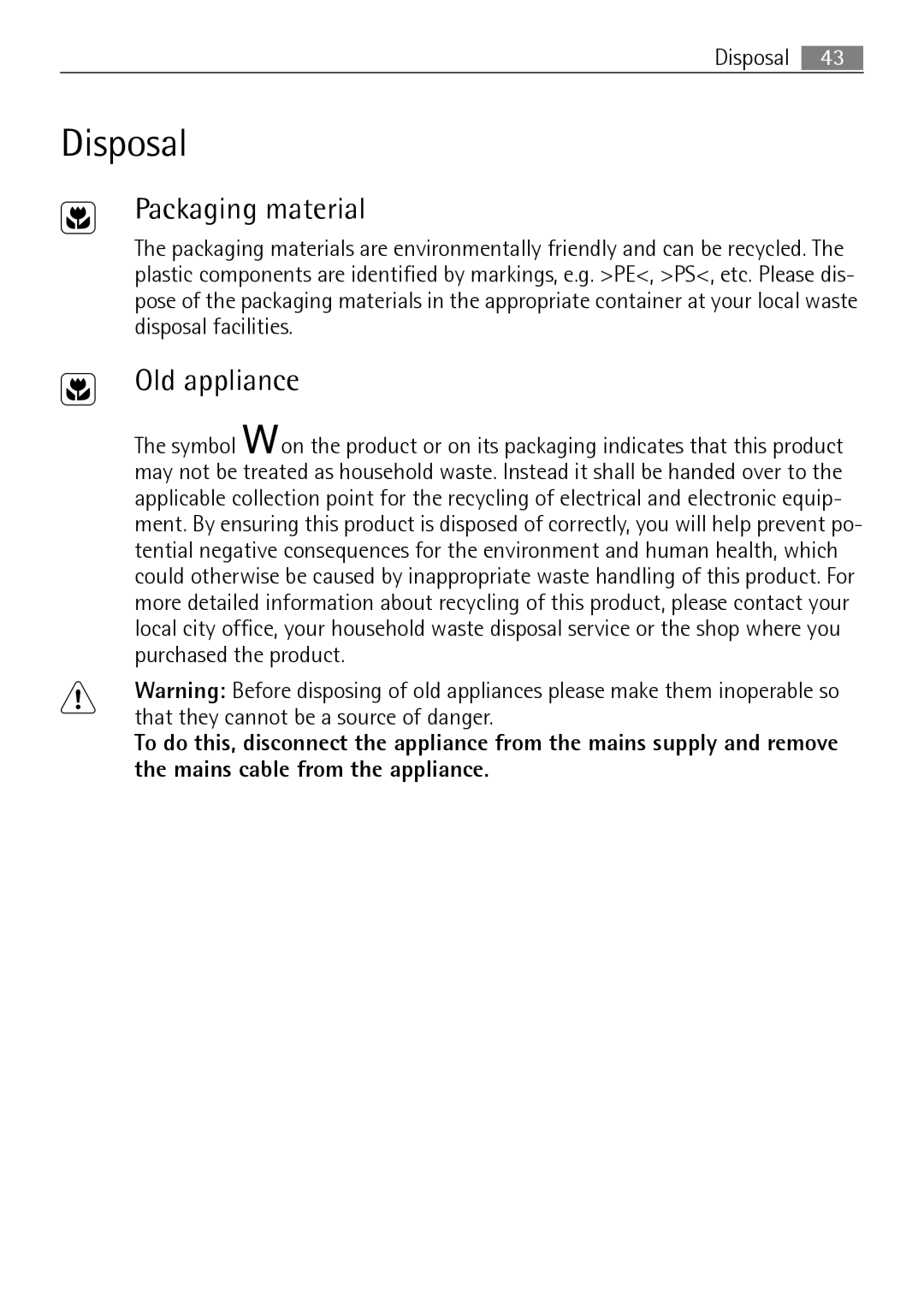 Electrolux B2100-5 user manual Disposal, Packaging material, Old appliance 