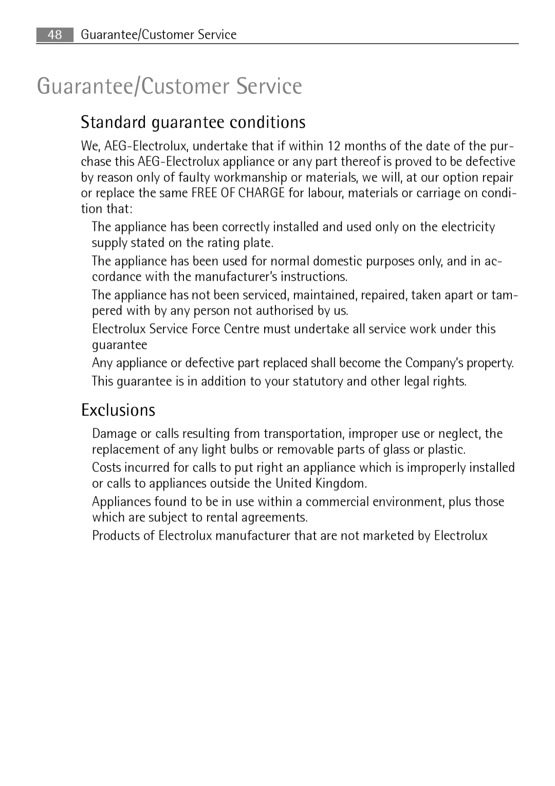 Electrolux B2100-5 user manual Standard guarantee conditions, Exclusions 