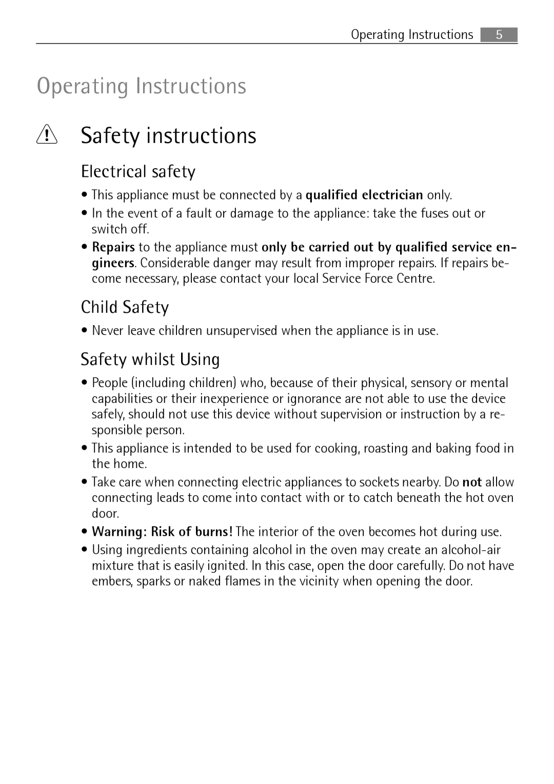 Electrolux B2100-5 user manual Safety instructions, Electrical safety, Child Safety, Safety whilst Using 