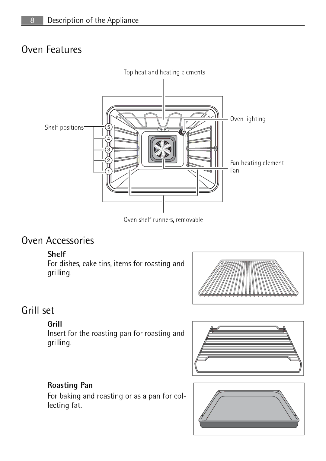 Electrolux B2100-5 user manual Oven Features, Oven Accessories, Grill set 