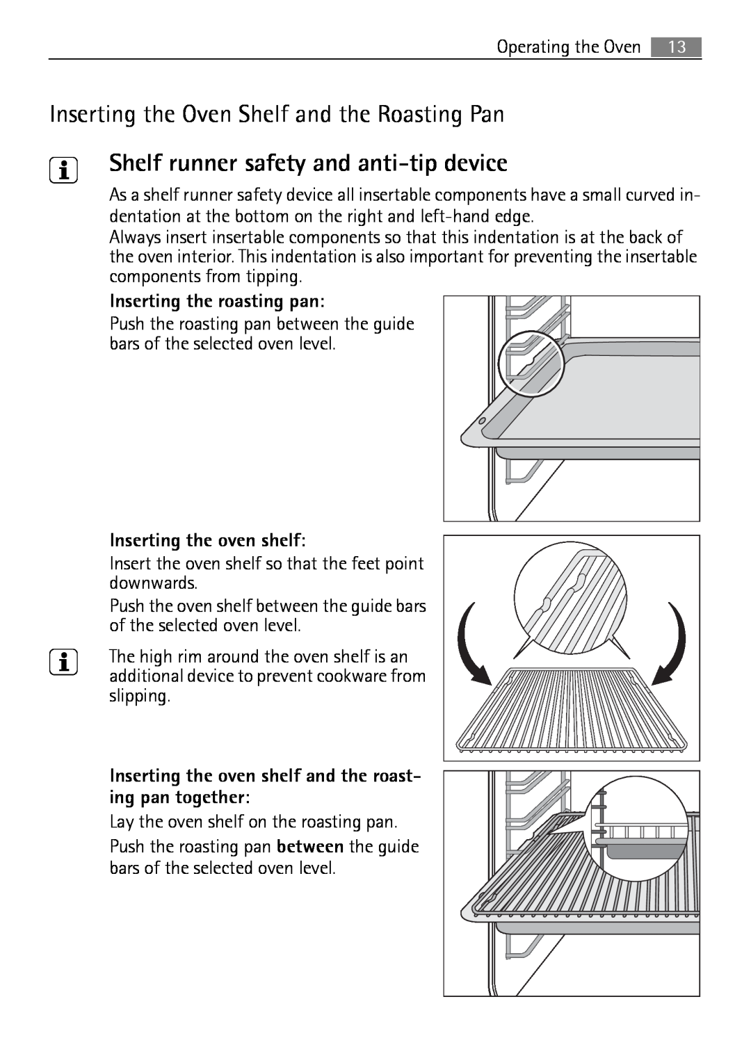Electrolux B2100-5 user manual Inserting the Oven Shelf and the Roasting Pan, Shelf runner safety and anti-tip device 
