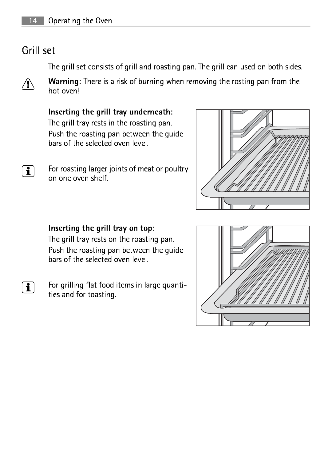 Electrolux B2100-5 user manual Inserting the grill tray underneath, Inserting the grill tray on top, Grill set 