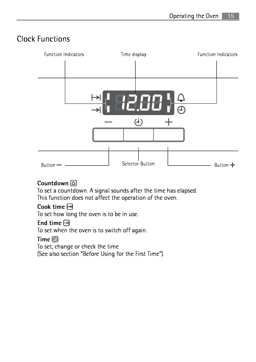 Electrolux B2100-5 user manual Clock Functions, Countdown, Cook time, End time, Time 
