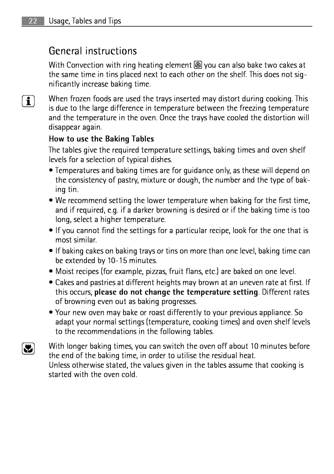 Electrolux B2100-5 user manual General instructions, How to use the Baking Tables 