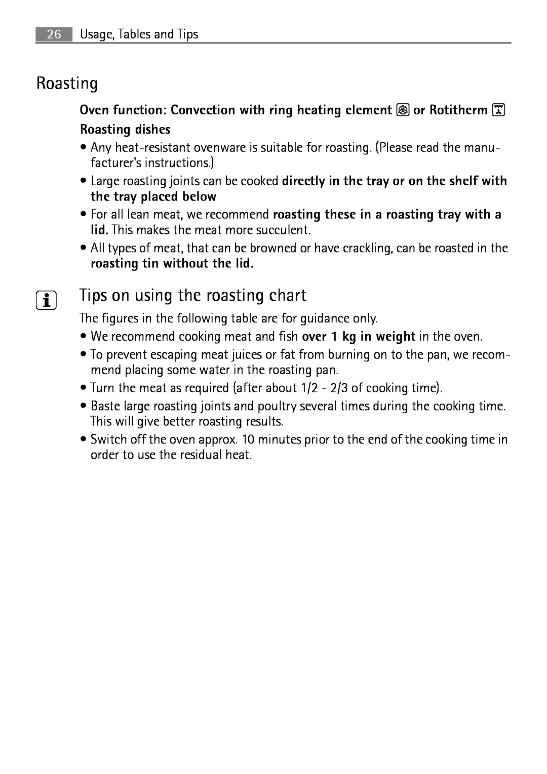 Electrolux B2100-5 user manual Roasting, Tips on using the roasting chart 