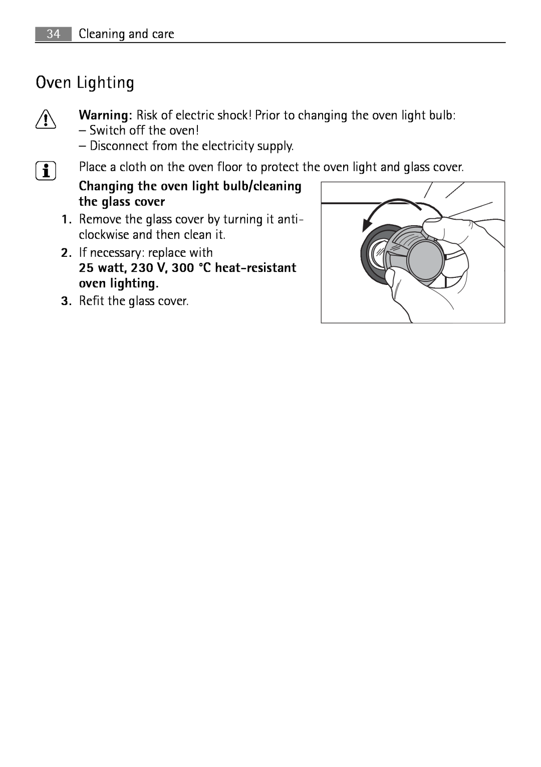 Electrolux B2100-5 user manual Oven Lighting, Changing the oven light bulb/cleaning the glass cover 