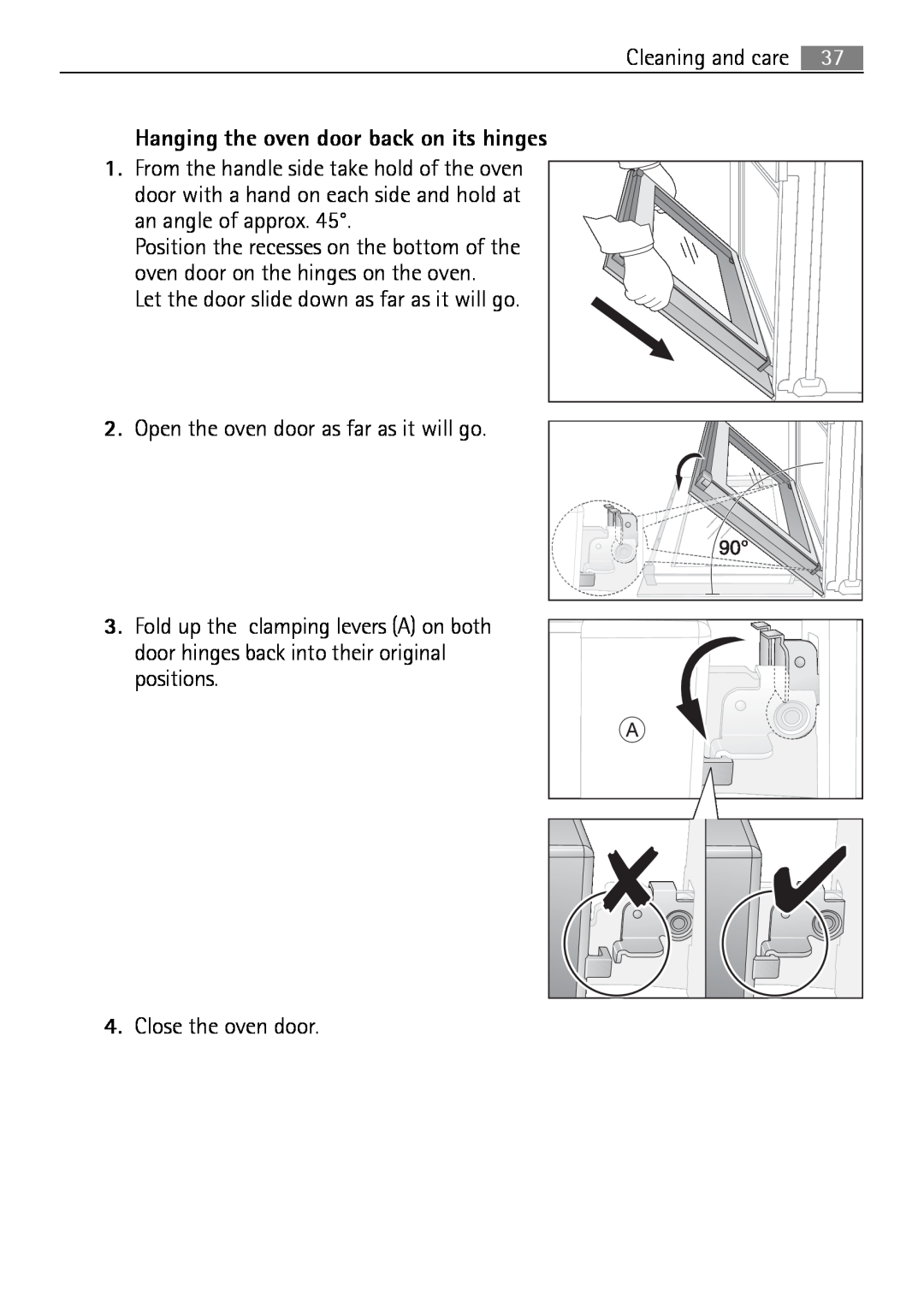 Electrolux B2100-5 user manual Hanging the oven door back on its hinges 