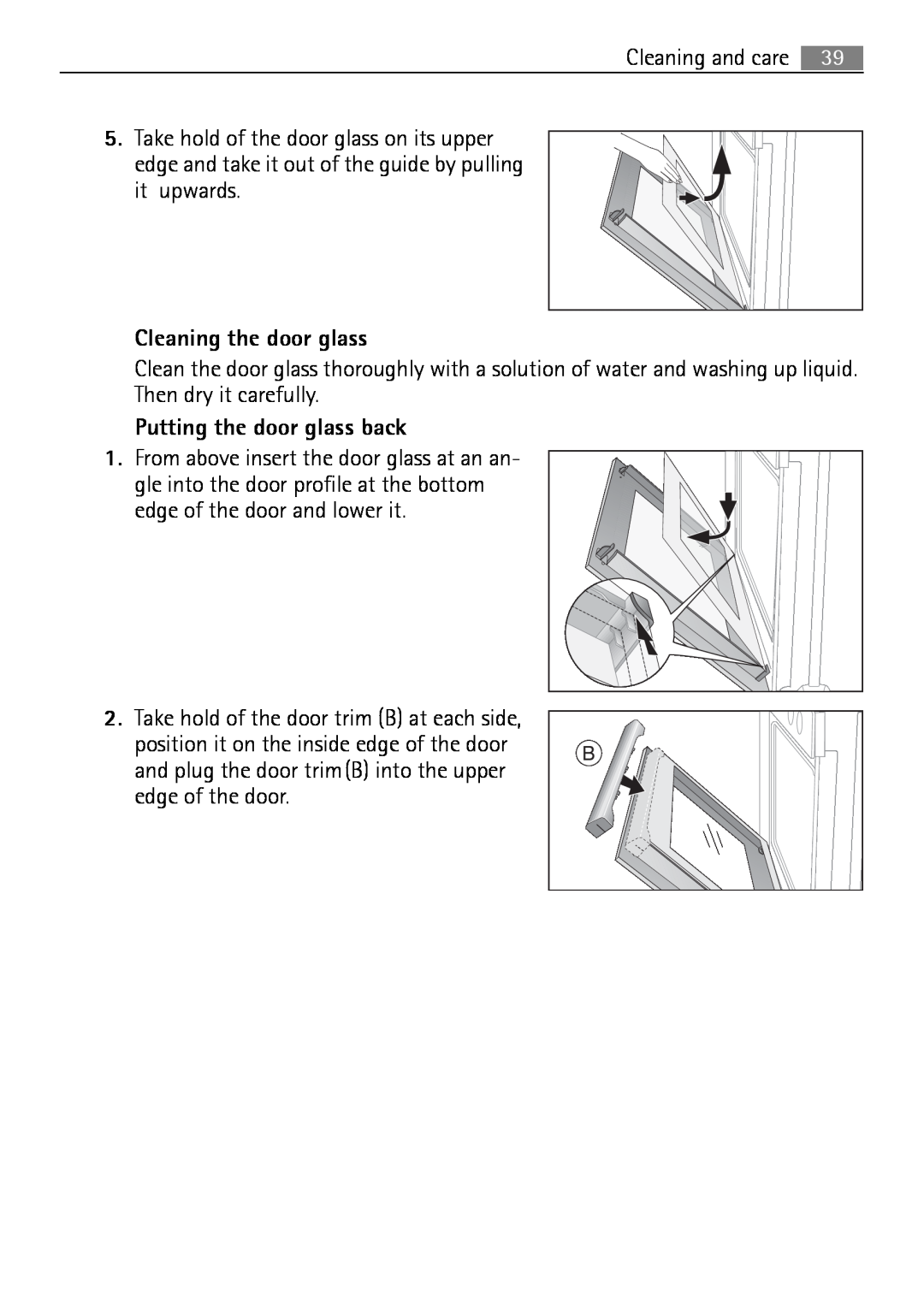 Electrolux B2100-5 user manual Cleaning the door glass, Putting the door glass back 