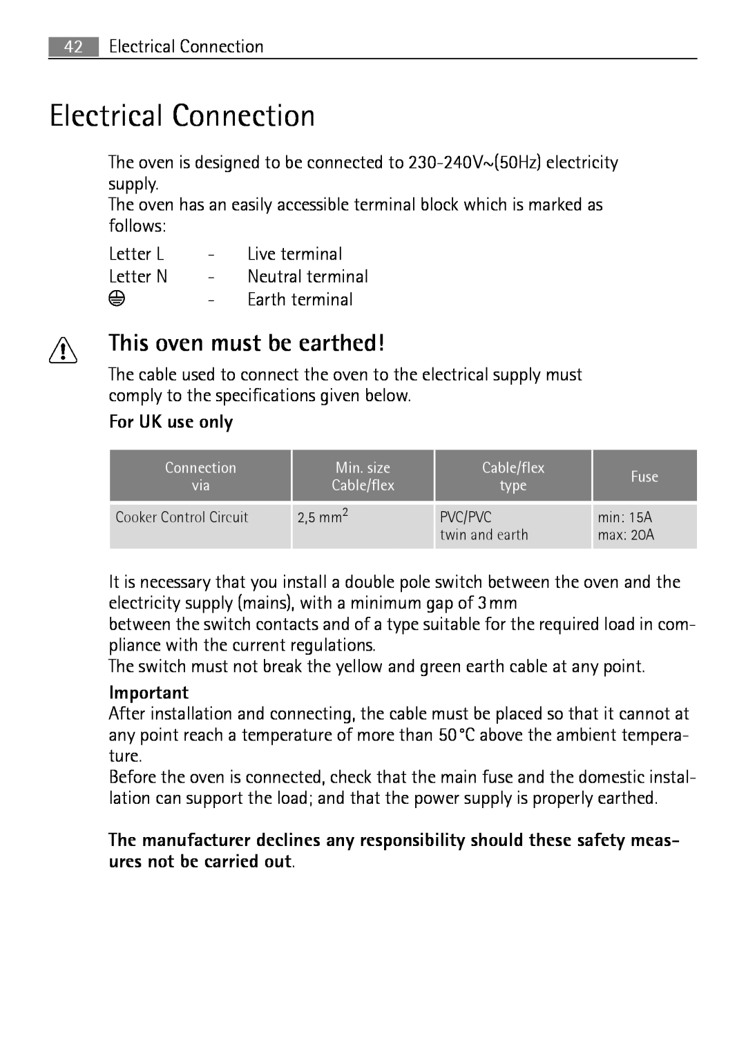 Electrolux B2100-5 user manual Electrical Connection, This oven must be earthed, For UK use only 