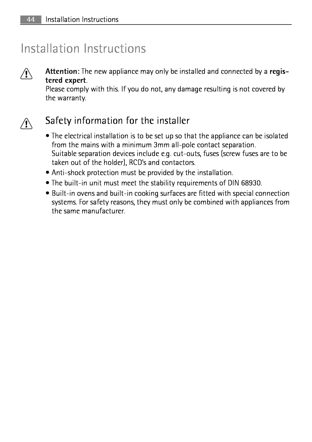 Electrolux B2100-5 user manual Installation Instructions, Safety information for the installer 