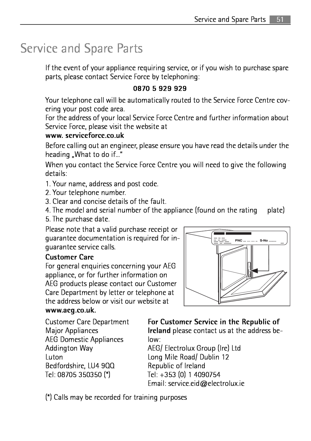 Electrolux B2100-5 user manual Service and Spare Parts, 0870 5 929, Customer Care 