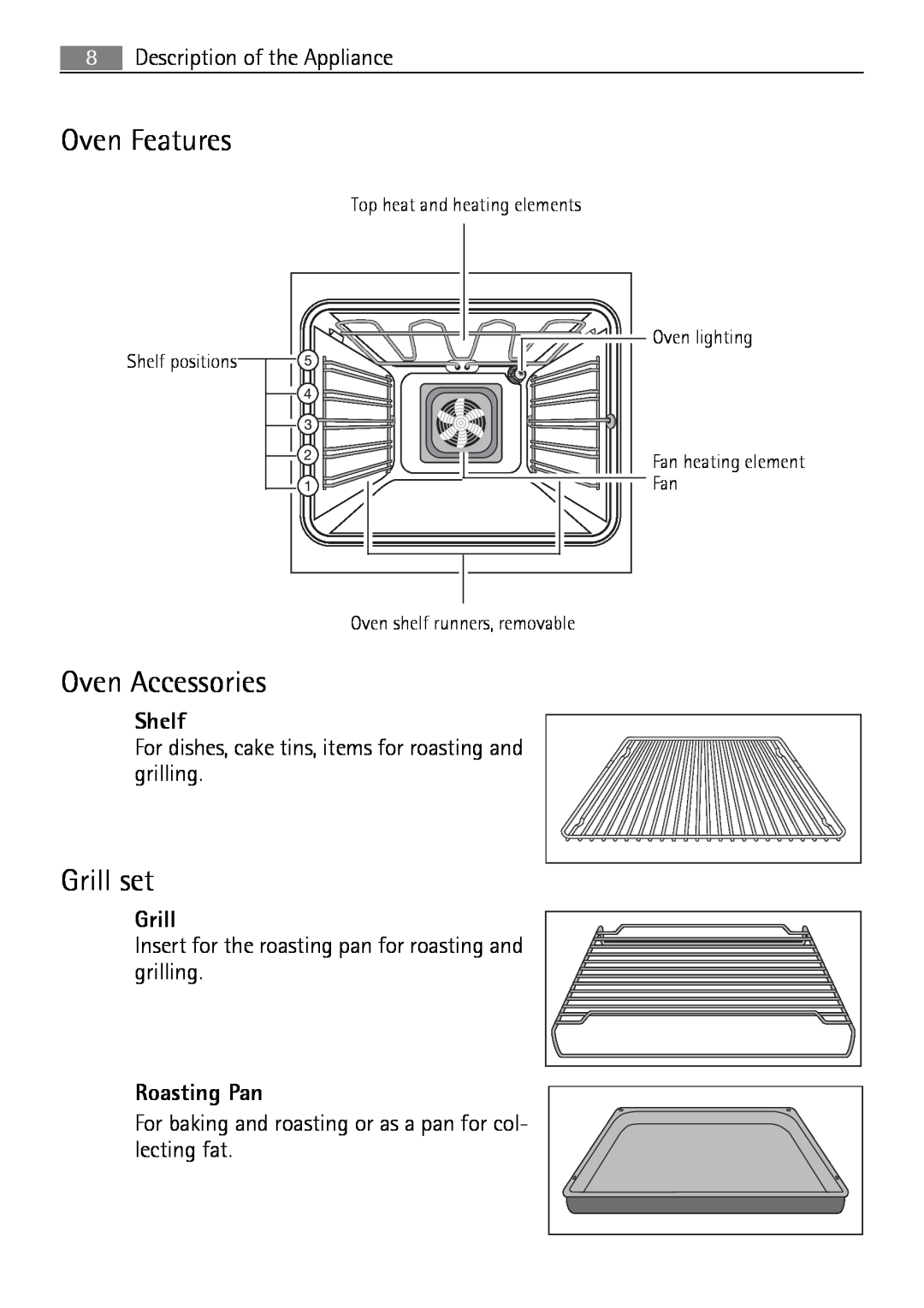 Electrolux B2100-5 user manual Oven Features, Oven Accessories, Grill set, Shelf, Roasting Pan 