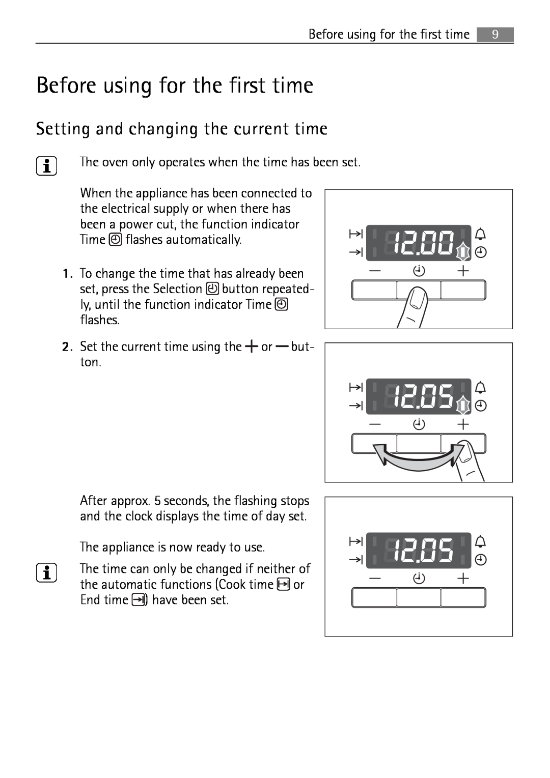 Electrolux B2100-5 user manual Before using for the first time, Setting and changing the current time 