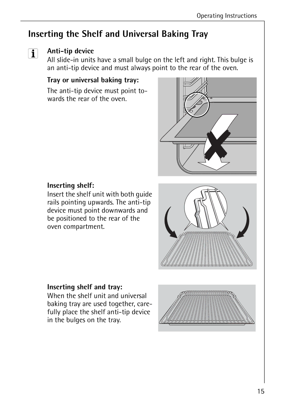 Electrolux B2190-1 manual Inserting the Shelf and Universal Baking Tray, Anti-tip device, Tray or universal baking tray 