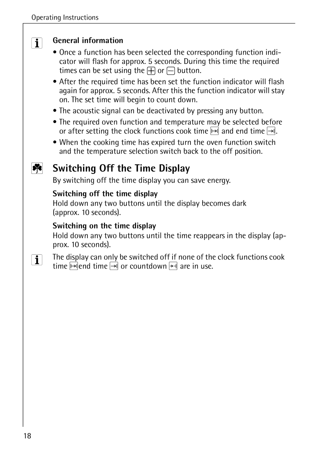 Electrolux B2190-1 manual Switching Off the Time Display, General information, Switching off the time display 