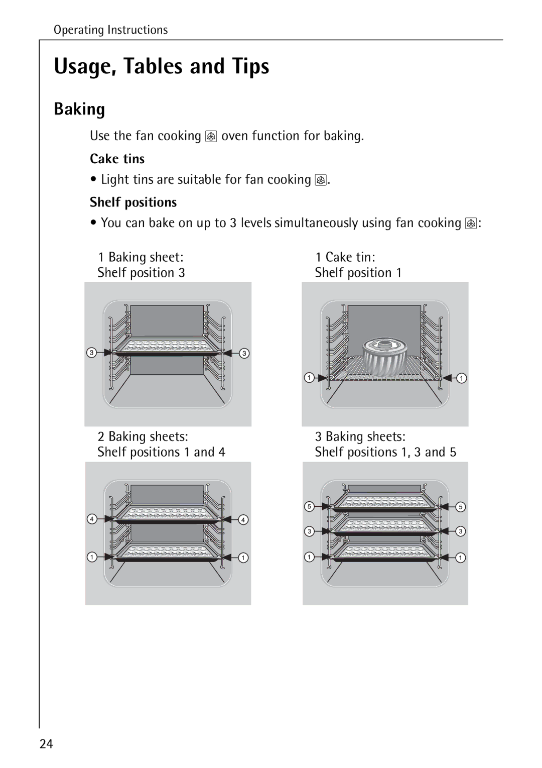 Electrolux B2190-1 manual Usage, Tables and Tips, Baking, Cake tins, Shelf positions 