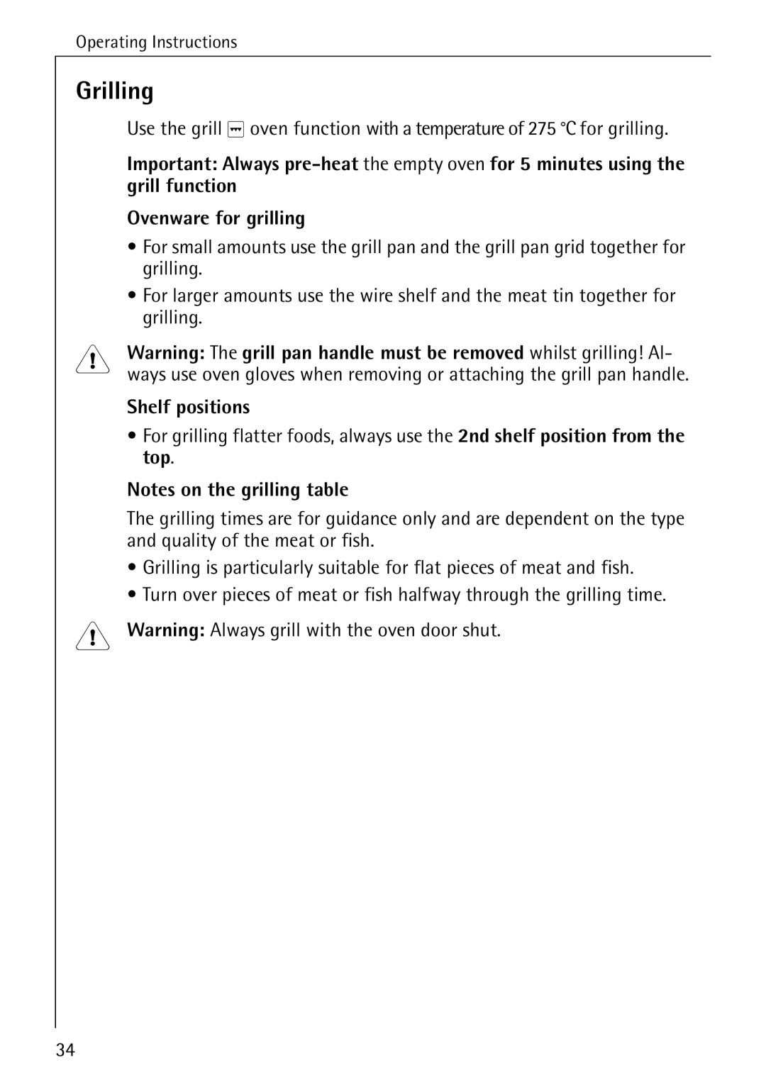 Electrolux B2190-1 manual Grilling, Shelf positions 