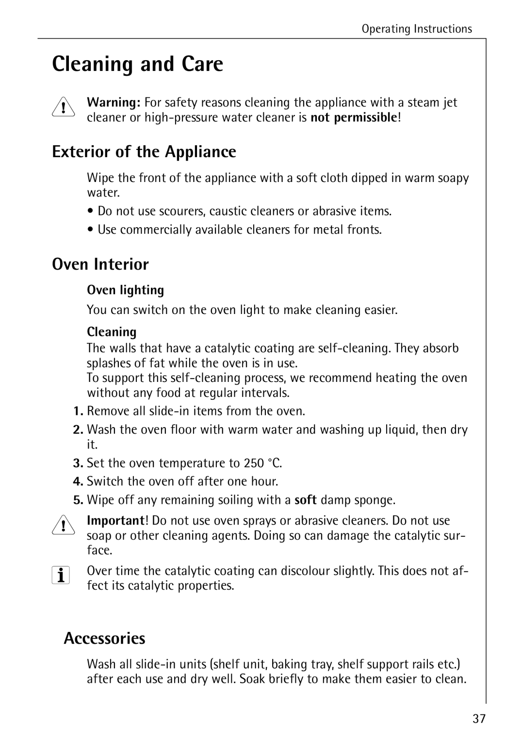 Electrolux B2190-1 manual Cleaning and Care, Exterior of the Appliance, Oven Interior, Accessories 