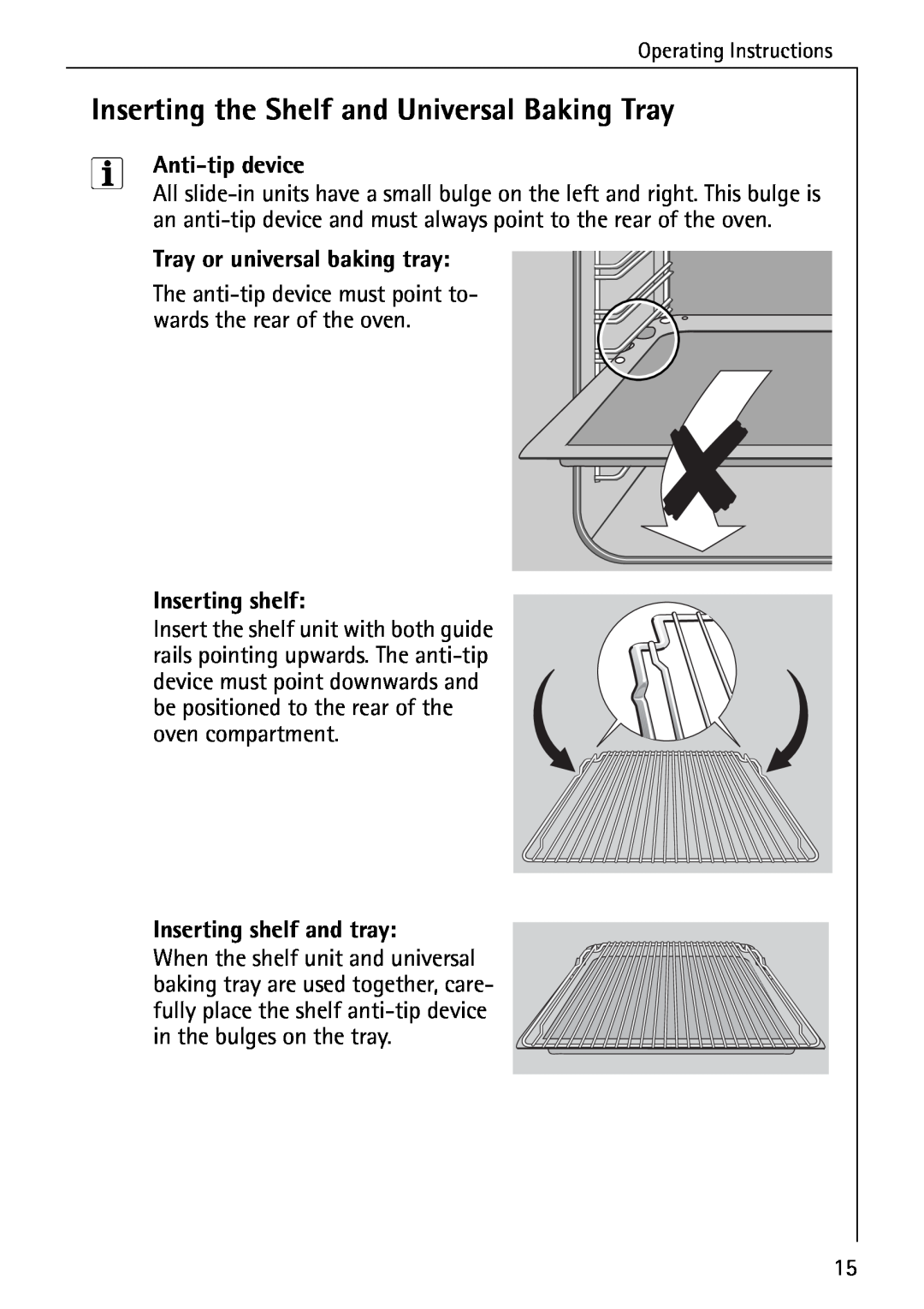 Electrolux B2190-1 manual Inserting the Shelf and Universal Baking Tray, Anti-tip device, Tray or universal baking tray 