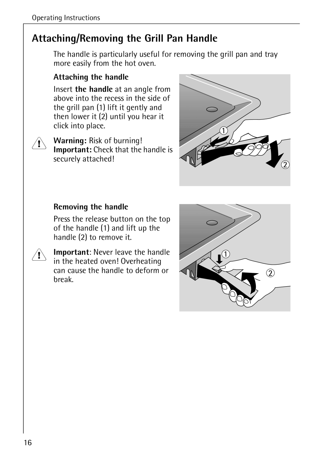 Electrolux B2190-1 manual Attaching/Removing the Grill Pan Handle, Attaching the handle, Removing the handle 