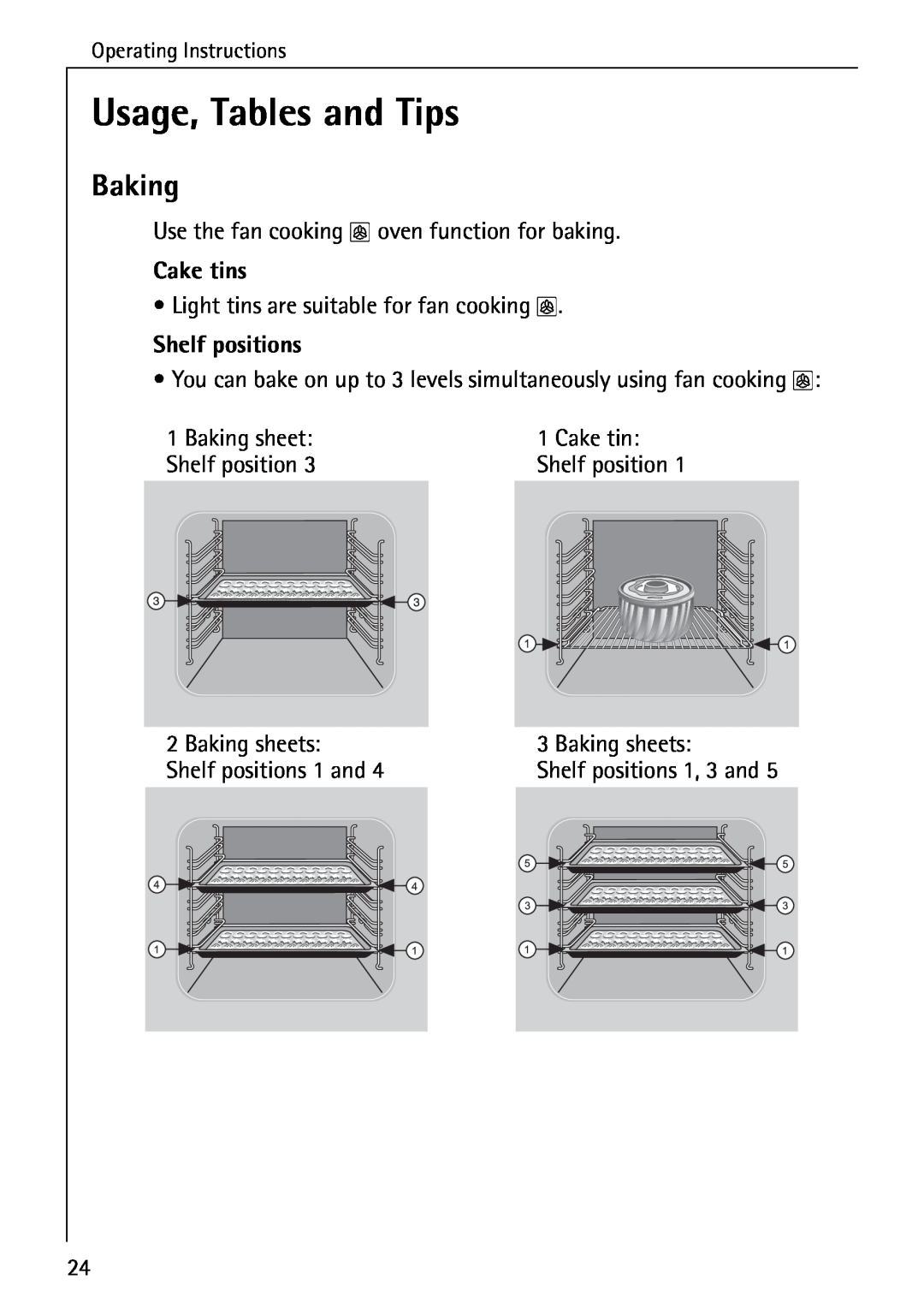 Electrolux B2190-1 manual Usage, Tables and Tips, Baking, Cake tins, Shelf positions 