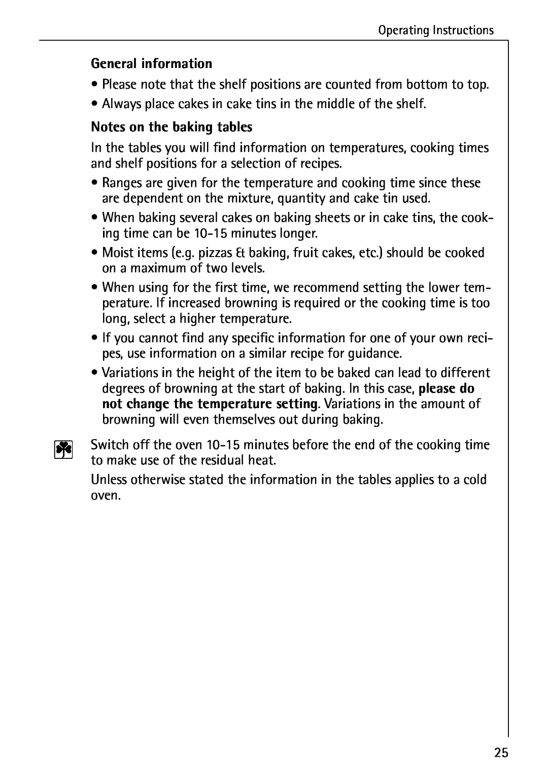 Electrolux B2190-1 manual General information, Notes on the baking tables 